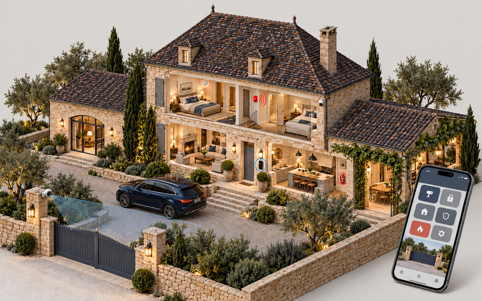 Villa périgourdine en coupe avec caméra, voiture sur l’allée, visiophone, alarme, éclairage, trousse de secours, défibrillateur et téléphone
